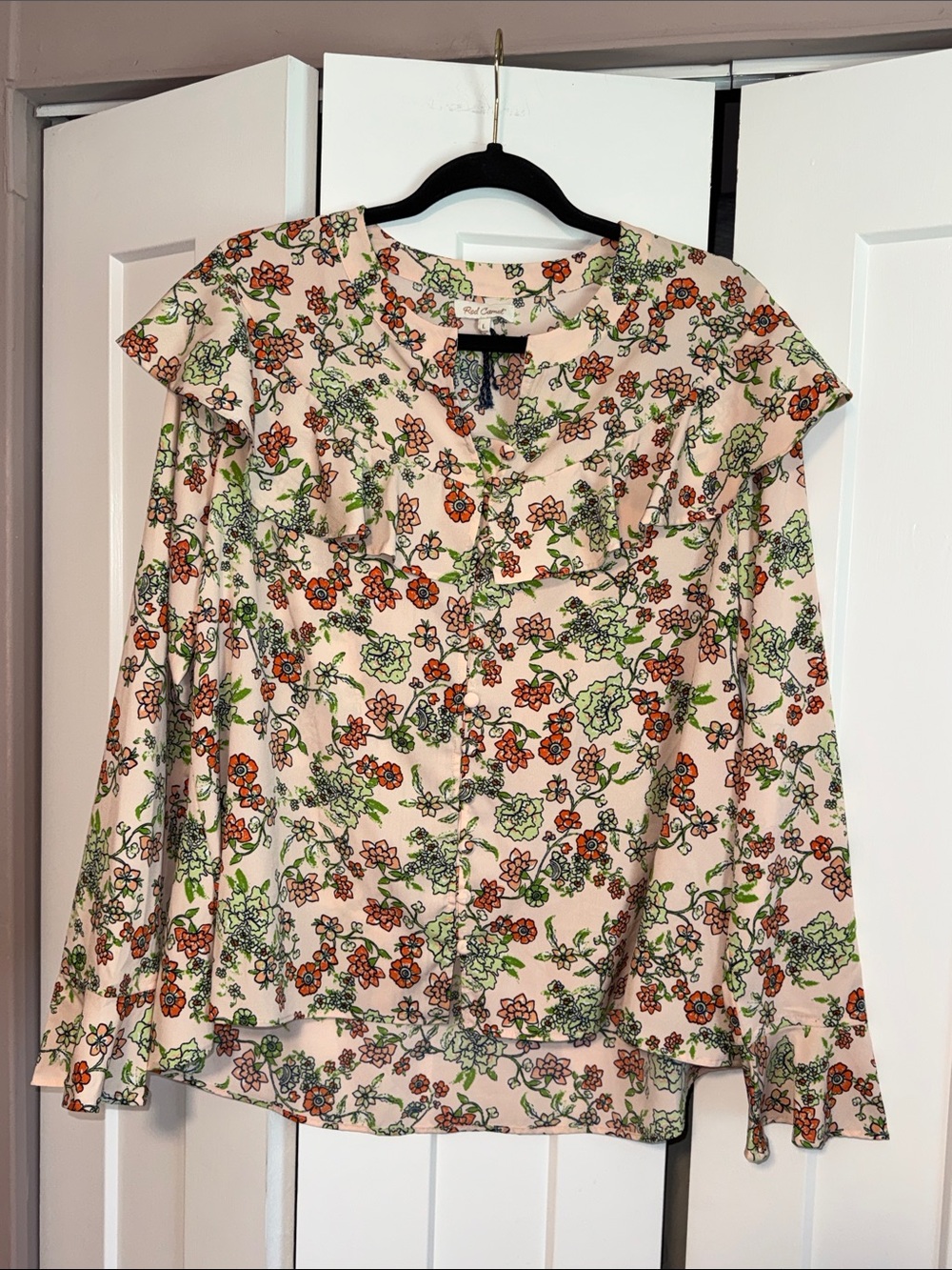 Women’s Floral Ruffle Blouse - Pink with Green & Orange Print Size Large